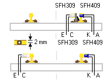 Zeichnung: Schienen, Schwellen, Sendediode und Transistor in Fahrtrichtung gesehen, im Schnitt, zwei Versionen.