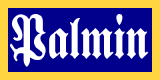 Rechteckiges Schild mit blauem Hintergrund, gelbem Rand und weißem Fraktur–Schriftzug „Palmin”.