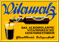 Vitamalz–Werbung mit Bierflasche und Glas auf gelbem Grund.