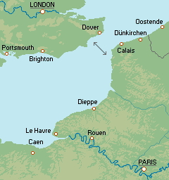 Karte: der Ärmelkanal und London bis Paris.