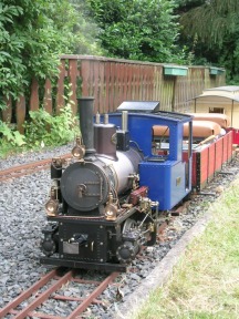 Ein Zug aus Dampflok, Sitz– und Personenwagen auf dem Abstellgleis.