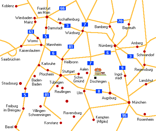 Karte: Süddeutschland von Frankfurt bis München, mit Bahnhof Dischingen.