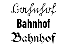 Dreimal das Wort „Bahnhof” in verschiedenen Schriften.