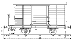 Zeichnung: Seitenansicht eines gedeckten Güterwagens mit Holzaufbau.