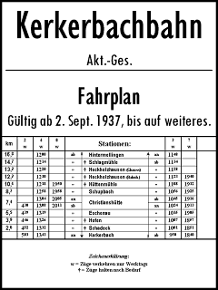 Nachgezeichneter Fahrplan der Kerkerbachbahn.