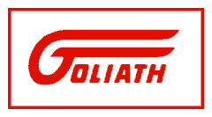 Roter "Goliathquot;–Schriftzug auf weißem Grund.