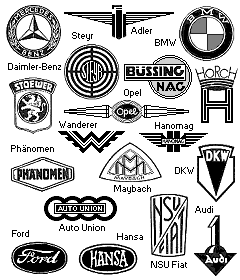 Schwarzweiß–Zeichnung mit Firmen–Emblemen.