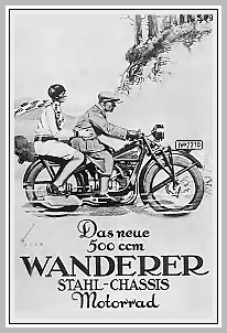 Zeichnung mit jungem Mann und Begleiterin auf einem Motorrad.