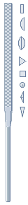 Zeichnung: Nadelfeile von oben und Feilen–Formen in Stirnansicht.