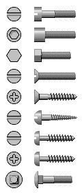 Zeichnung: Neun Schrauben mit verschiedenen Kopf– und Gewinde–Kombinationen.