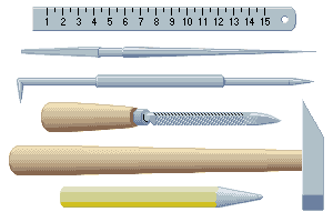 Zeichnung mit sechs Werkzeugen.