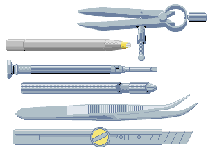 Zeichnung mit sechs weiteren Werkzeugen.