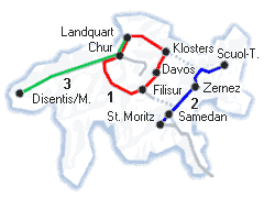 Karte: Graubünden und Engadin mit eingezeichneten Dampflok–Strecken.