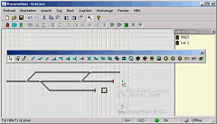 Bildschirmfoto: Rocomotion–Software mit dem Gleisbild eines kleinen Bahnhofs.