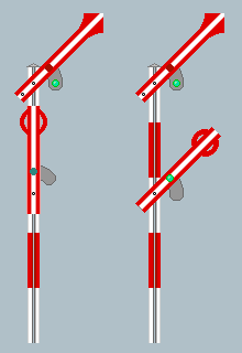 Bayerisches Einfahrtsignal mit den Signalbildern Fahrt frei und Langsamfahrt.