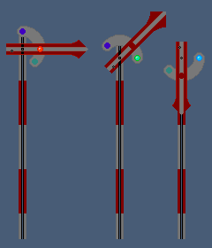 Bayerisches Ausfahrtsignal mit den Signalbildern Halt, Fahrt frei und "Ruhe".