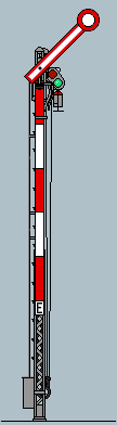 Formhauptsignal mit Signalbild "Fahrt Frei" und Gittermast.