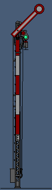 Formhauptsignal mit Signalbild "Fahrt Frei" und Gittermast.