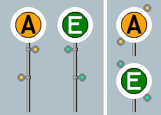 Langsamfahrsignale, je zwei Ausführungen für Anfang und Ende.