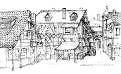 Bleistiftzeichnung: Städtchen mit Fachwerk–Häusern und Burg im Hintergrund.