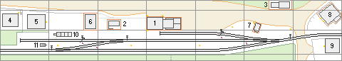 Gleisplan–Entwurf für einen Bahnhof mit vier Weichen und zwei Stumpfgleisen.
