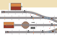 Ausschnitt eines Gleisplans mit vier Stumpfgleisen, Lok– und Güterschuppen, von oben gesehen.