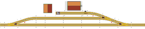 Zeichnung: Gleisplan eines Kleinbahnhofs mit drei Weichen.