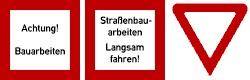 Zeichnung: Zwei Baustellenschilder und „Vorfahrt beachten”.