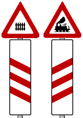 Zeichnung: Zwei dreistreifige Baken mit Warnzeichen oben.