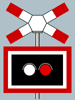 Zeichnung: Warnkreuz mit Blinklicht–Tafel für unbeschrankte Bahnübergänge.