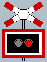 Zeichnung: Warnkreuz mit Blinklicht–Tafel für unbeschrankte Bahnübergänge, die rote Lampe blinkt.