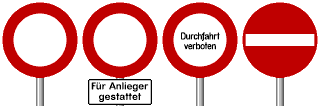 Zeichnung: vier runde Schilder für generelle Fahrverbote.
