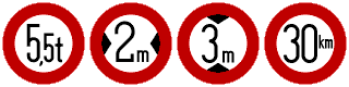 Zeichnung: vier runde Schilder für verschiedene Fahrverbote.