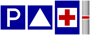 Zeichnung: drei blaue Schilder und ein Laternenmast mit rot–weißem Ring.