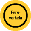 Zeichnung: Rundes, gelbes Schild mit schwarzem Kreisring und Aufschrift „Fern–Verkehr”.