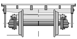 Schnittzeichnung durch ein Fahrwerk mit einem zweiachsigen Drehgestell, Stirnansicht.