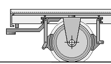 Zeichnung: Befestigung der Bremsteile an einem Einachsdrehgestell, von der Seite gesehen.