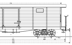 Zeichnung eines vierachsigen, gedeckten Güterwagens.