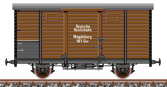 Zeichnung: gedeckter Güterwagen mit braunem Bretteraufbau, Seitenansicht.