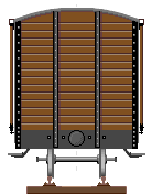 Zeichnung: gedeckter Güterwagen mit braunem Bretteraufbau, Stirnansicht.