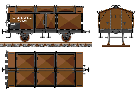 Zeichnung: Schmalspur–Klappdeckelwagen (Kalkwagen) in drei Ansichten.