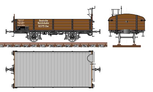 Zeichnung: Hochbordwagen mit klappbaren Seitenwänden, drei Ansichten.