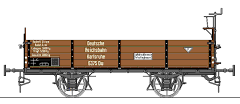 Zeichnung: offener, brauner Güterwagen von der Seite gesehen.