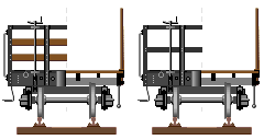 Zeichnung: zwei Varianten der Stirnseite eines vierachsigen Schienenwagens mit Bremserbühne.