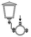 Zeichnung: die Lampenschelle und Lampe in der Stirnansicht parallel zum Ausleger gesehen.