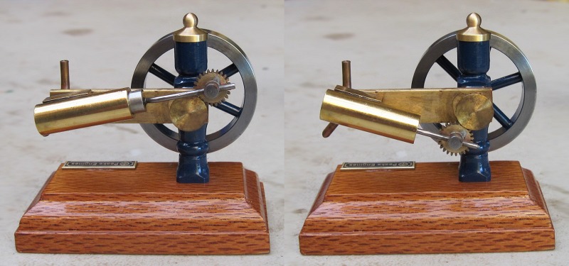 Doppelbild einer Dampfmaschine mit oszillierendem Zylinder (zwei Stellungen).
