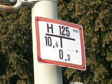 Foto: Schild für einen Hydranten mit 125 Millimeter Nennweite an einem grauen Straßenschild–Mast.
