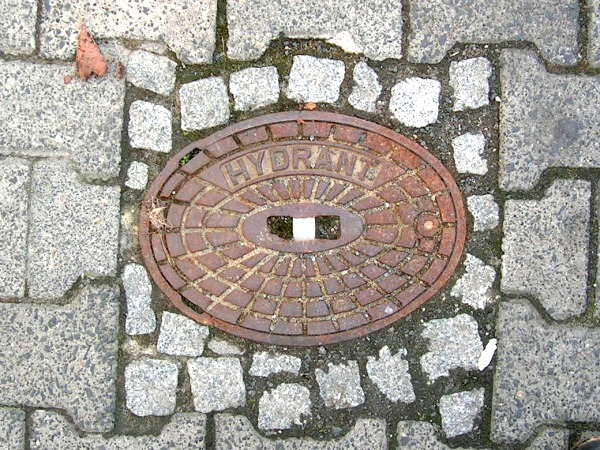 Ovaler Deckel aus Eisen mit Aufschrift „Hydrant” von oben gesehen.