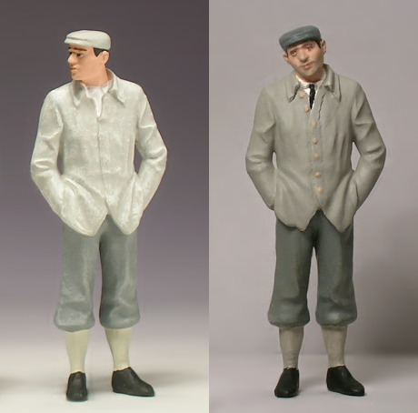 Eine Männerfigur mit Knickerbocker–Hosen, original und nachlackiert.