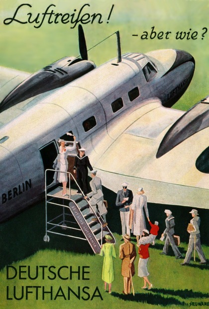 Titelblatt einer Lufthansa–Broschüre: Gäste steigen in Flugzeug ein.